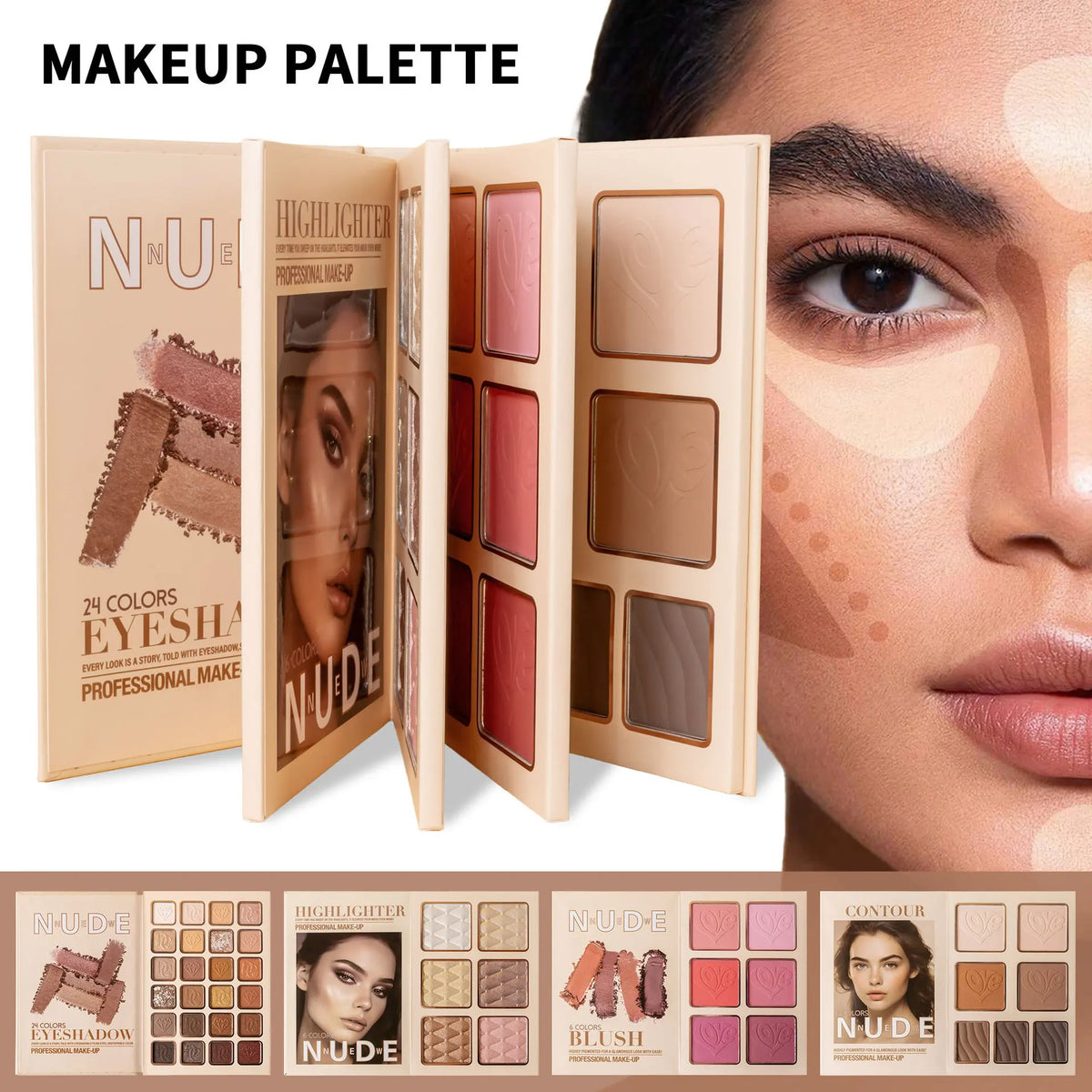 Blushimmer 43-color all-in-one makeup palette with matte and shimmer eyeshadows, blush, contour, and highlighter in a 4-layer book design.