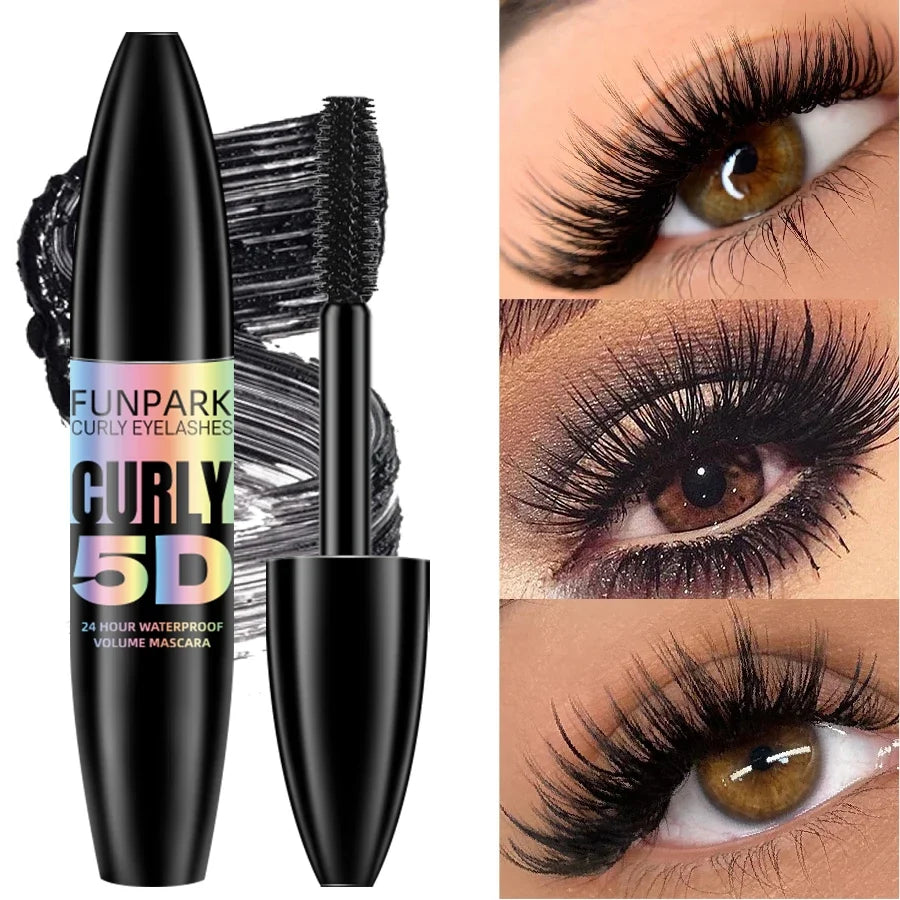 Black 5D Fiber Mascara by Blushimmer, waterproof mascara with thickening and lengthening fibers, shown on a makeup brush.