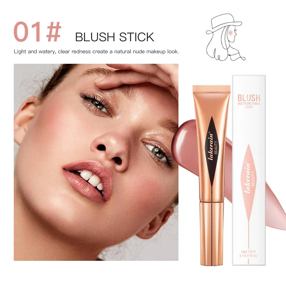Blushimmer liquid contouring highlighter stick with matte finish, enhancing nose shadow, small V face, and cheek blush highlighting.