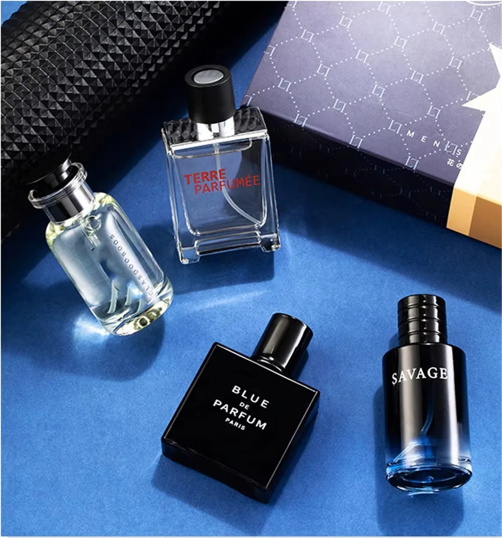 Blushimmer luxury men's cologne gift box with four 100ml floral and fruity perfume bottles, natural scent spray set.