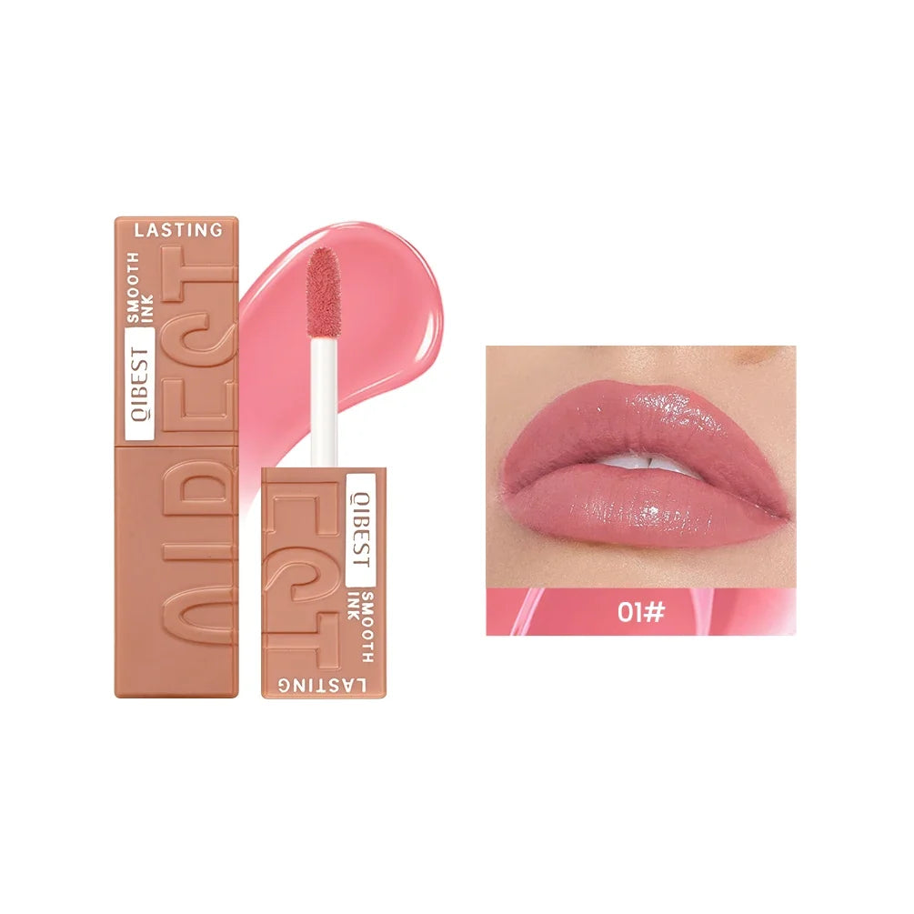 Blushimmer QIBEST 8-color watery lip gloss set with long-lasting, waterproof, moisturizing liquid lipstick and mirror in a sleek cosmetic container.