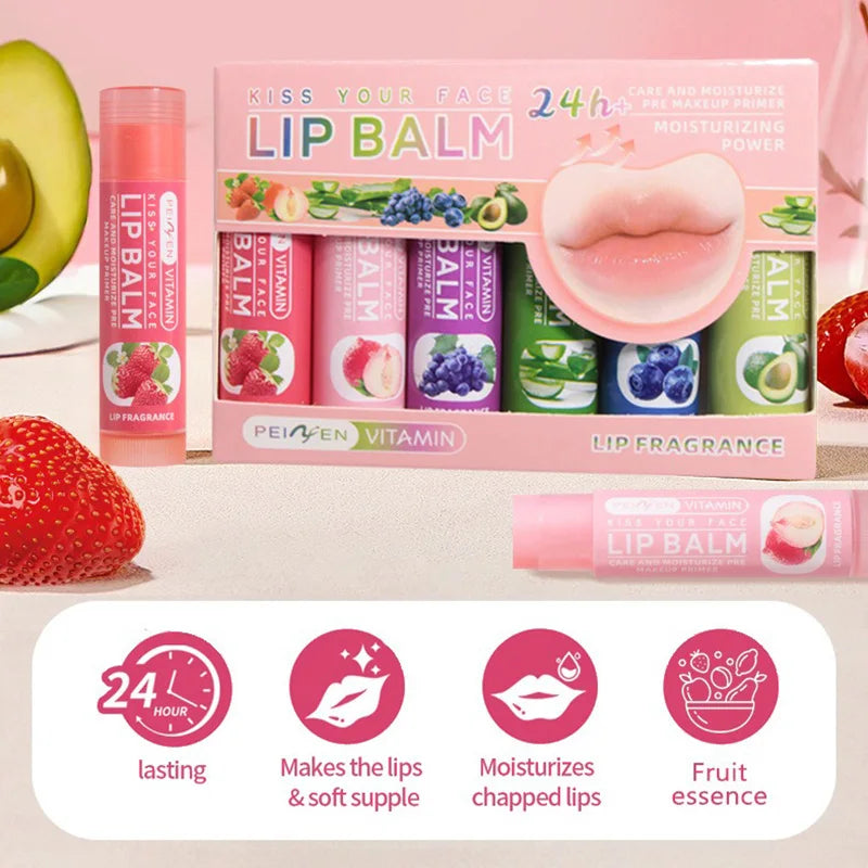 Blushimmer Pennyfun fruit-flavored lip balm set with colorful tubes, showcasing vibrant packaging and variety of flavors.