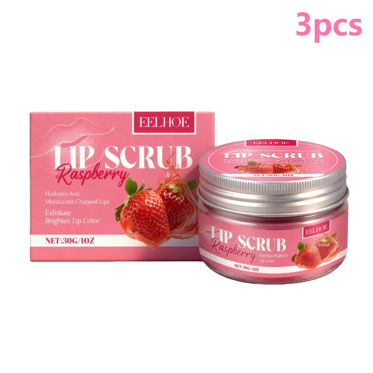 Blushimmer EELHOE strawberry lip scrub in a jar, showing exfoliating texture and moisturized, smooth lips after use.