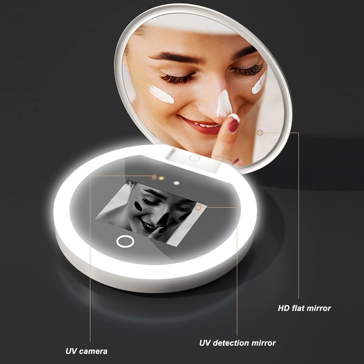 Blushimmer UV mirror sunscreen testing camera with light, 2x magnification, compact pocket size for travel makeup and skin analysis.