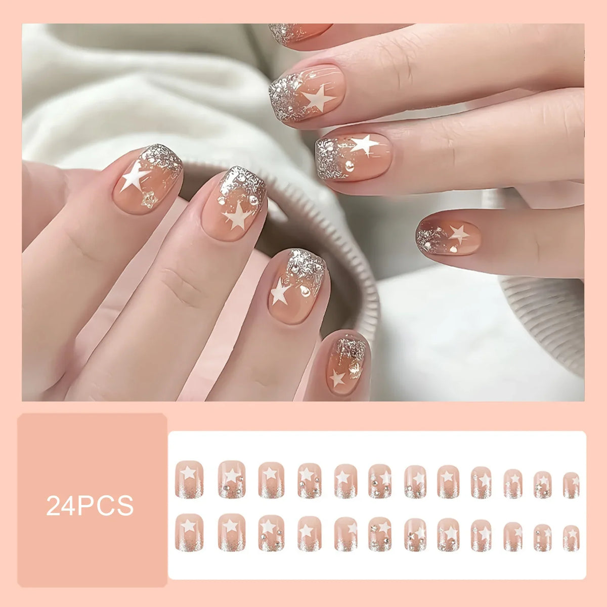 Set of 24 Y2K star gradient black coffin press-on nails with moon designs by Blushimmer, mid-length false nail tips for a stylish look.