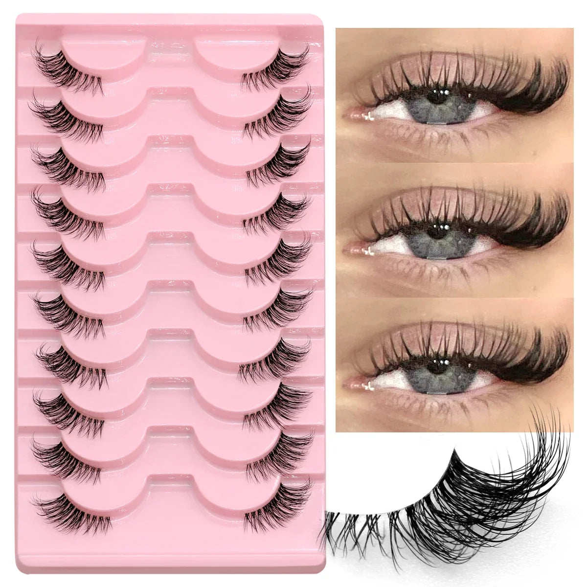 Blushimmer GROINNEYA half lashes with soft, wispy faux mink design and clear band for natural-looking eyelash extensions.