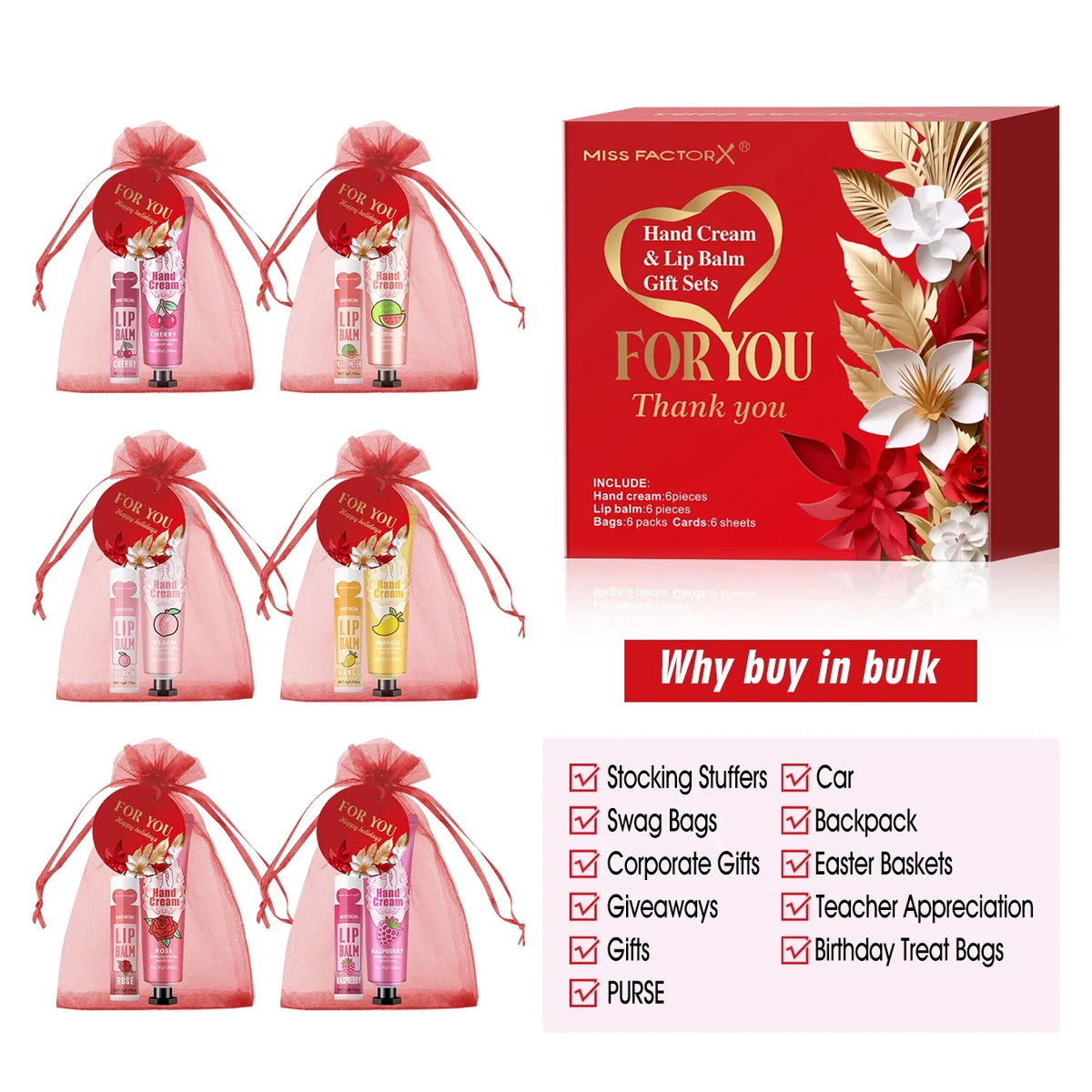 Set of 24 Blushimmer lip balms with hand cream, thank you card, and red gauze bag, ideal as wedding or holiday guest gifts.