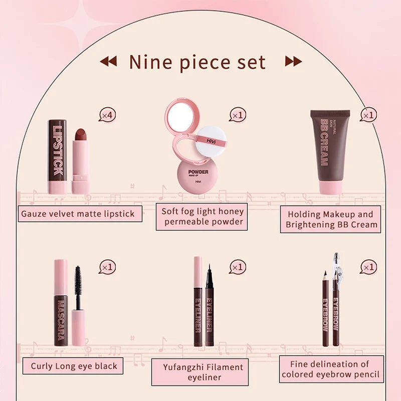 Women's Christmas makeup set, 9 lipsticks & powder press &BB cream & eyebrow pencil & mascara & eyeliner set,for women and girls