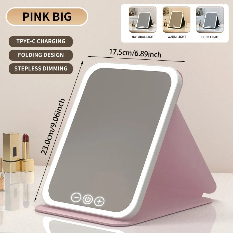Blushimmer 3-color dimmable LED makeup mirror with touch screen, foldable design for travel and home use, rechargeable tabletop mirror