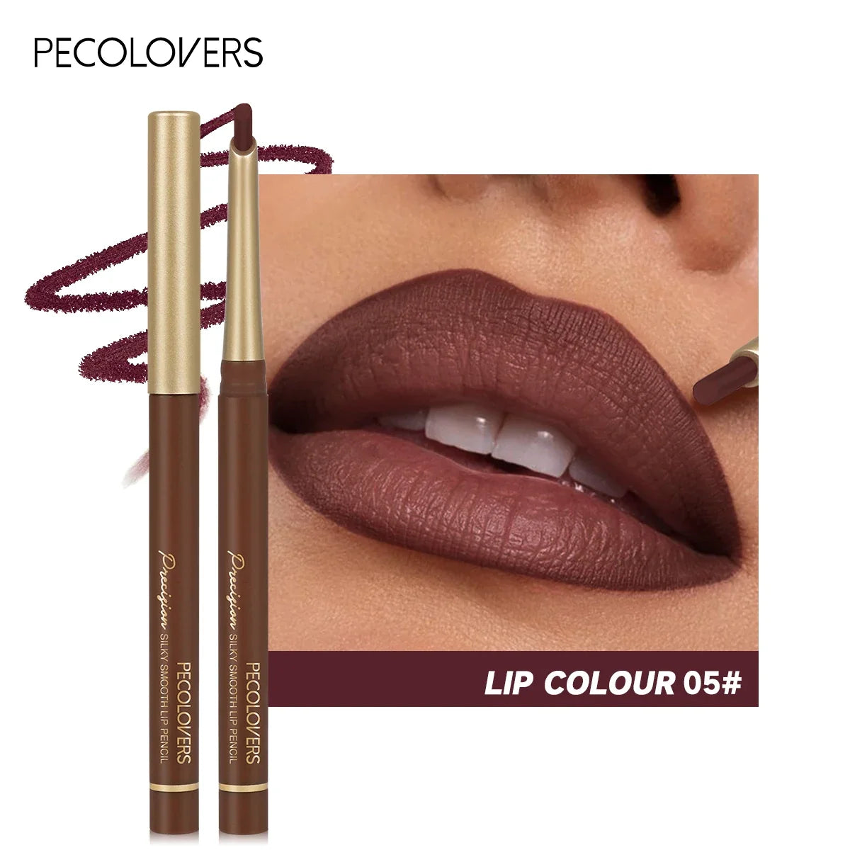 Blushimmer matte 6-color lip liner pencils with bevel design for lip contour and natural nude brown lipstick application.