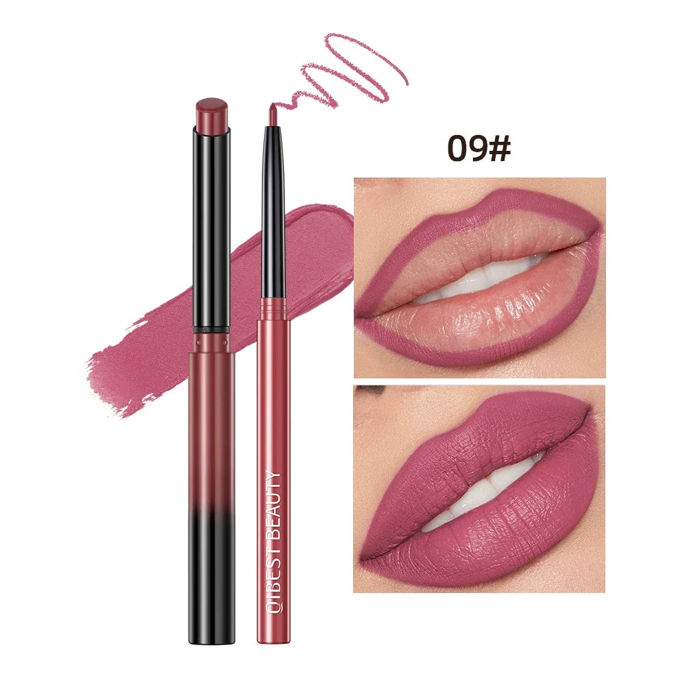 Blushimmer QIBEST matte velvet lipstick lip liner set with two long-lasting red contour pencils for sexy, defined lips.