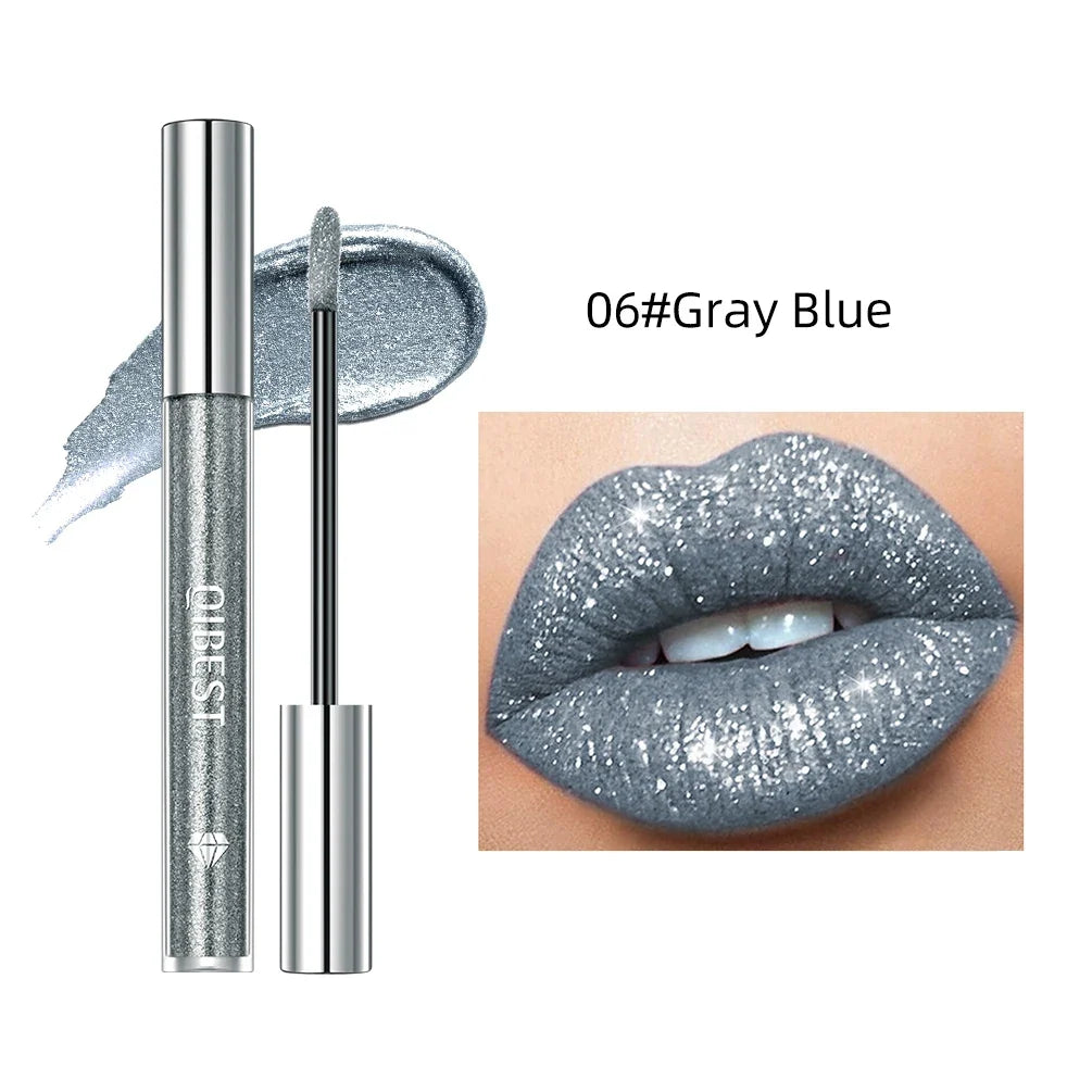 Blushimmer QIBEST Diamond Liquid Lipstick Lip Tint in gray with sparkling finish, moisturizing, long-lasting waterproof lip gloss.