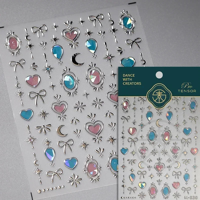 Colorful Cat's Eye 5D gradient nail art stickers with European love heart and wing crystals for elegant manicure designs.