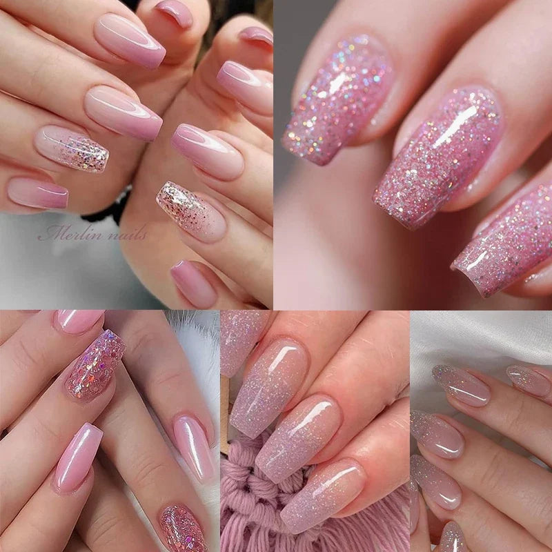 Blushimmer Mtssii 6-piece pink glitter gel nail polish set with sequins, base, matte and top coats, soak-off UV LED gel varnish