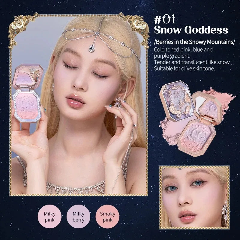 Blushimmer Flower Knows Moonlight Mermaid cheek blush powder with gradient finish, matte, vegan, cruelty-free makeup in vibrant pink shades.