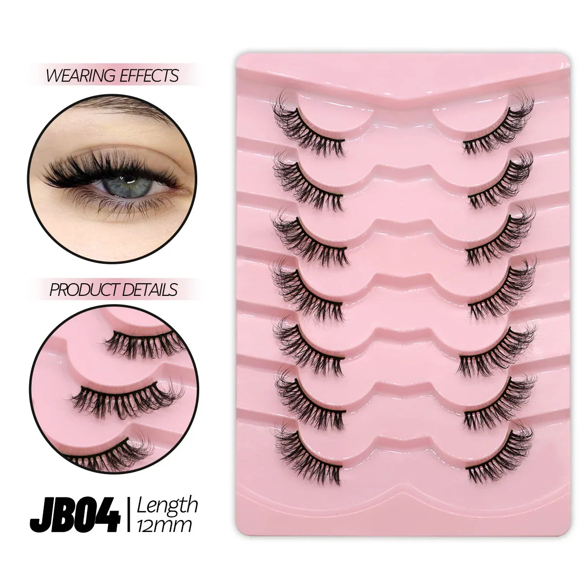Blushimmer GROINNEYA half lashes with soft, natural faux mink wispy design and clear band for a natural eyelash extension look.