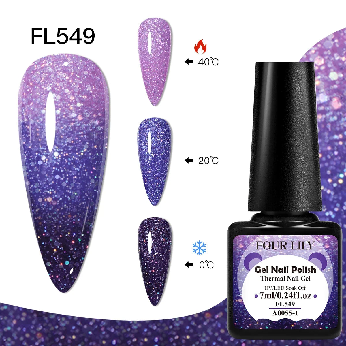 Four Lily 7ml thermal nail gel polish set by Blushimmer with three color-changing semi-permanent UV/LED gel bottles for manicure.