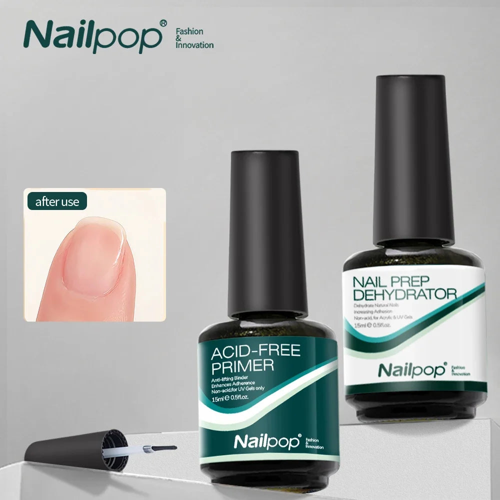 Blushimmer Nailpop Nail Dehydrator and Primer set with acid-free natural nail prep for acrylic and UV gel nails, fast drying, superior bonding.