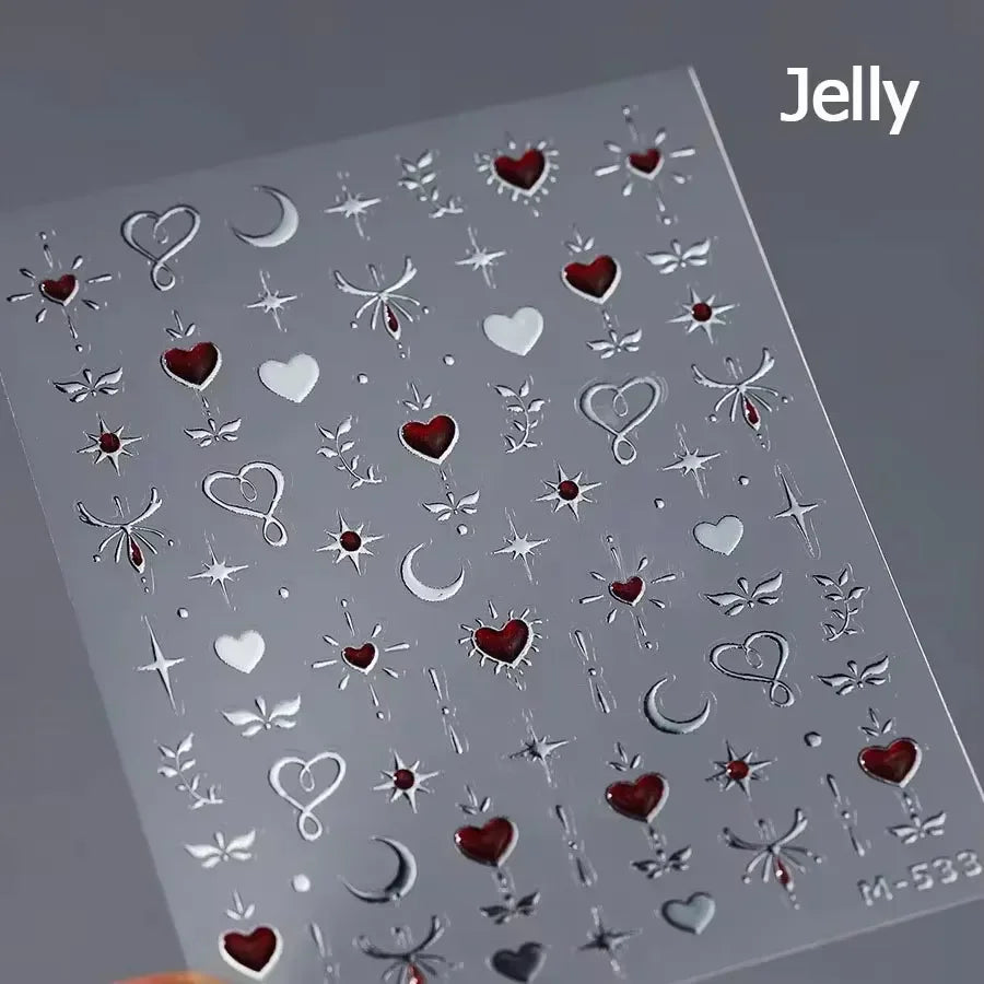 Colorful Cat's Eye 5D gradient European love heart gem nail art stickers with wing and geometric designs for manicure decoration.