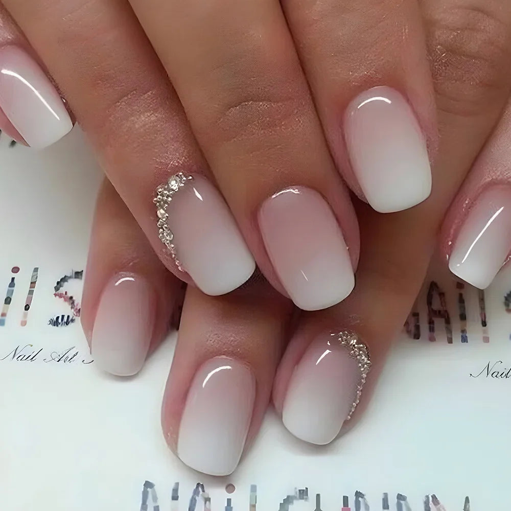Set of 24 Blushimmer square head fake nails with pink-white gradient French press design, short full cover false nail tips with jelly glue