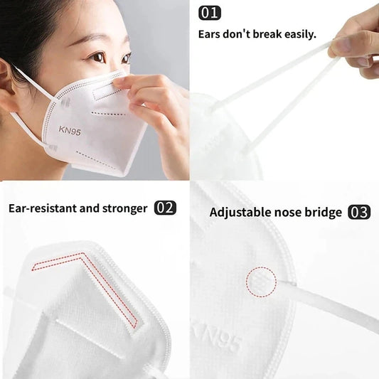 White disposable KN95 masks with 3D design, individually packaged, breathable and comfortable for home, travel, and outdoor use.