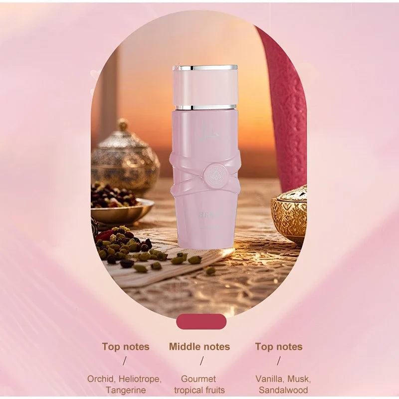 Unisex Arab perfume spray by Blushimmer with floral, fruity, spicy, and musky notes in a luxurious fragrance bottle.