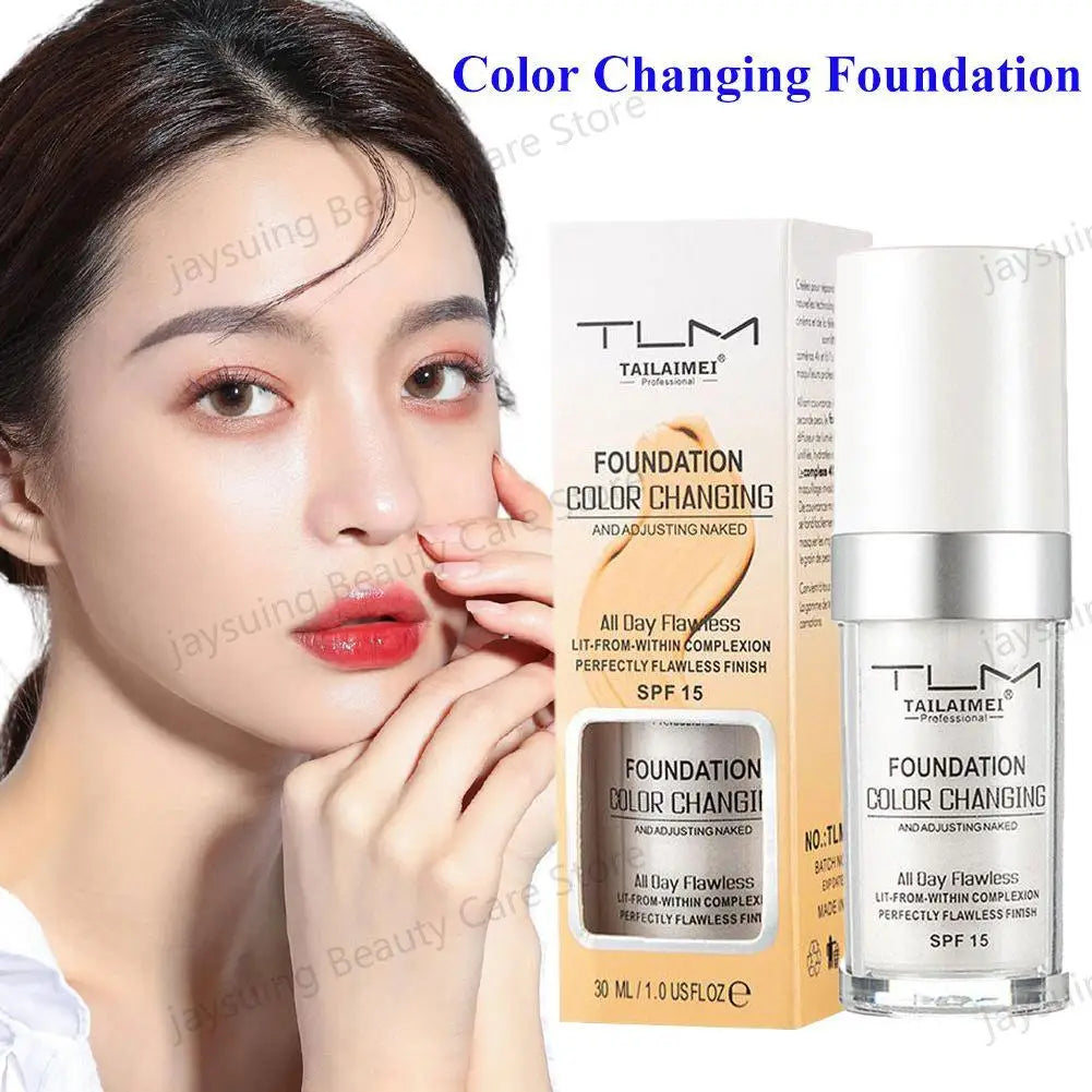 Blushimmer foundation color-changing makeup base in nude, full-coverage matte liquid concealer and cream, 30ml bottle.