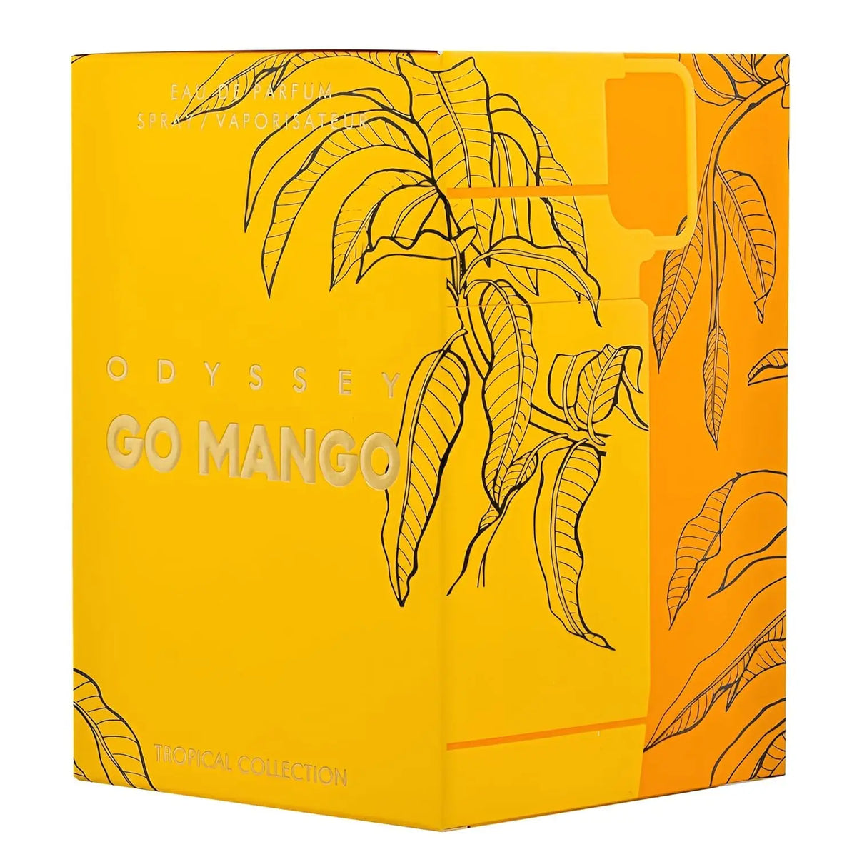 Blushimmer Armaf Odyssey Eau De Parfum spray featuring tropical mango, fruity, woody, amber, and vanilla notes in a sleek bottle.