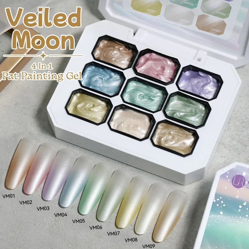 Blushimmer UR Sugar 9-color gradient gel for nail art, showing vibrant color swatches and gradient nail stamping pattern.