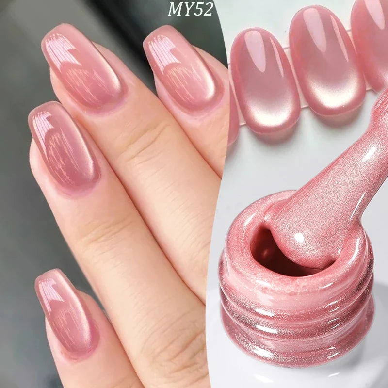 Pink glass bead cat magnetic gel nail polish from Blushimmer with spring moonlight jelly finish, semi-permanent soak-off manicure.