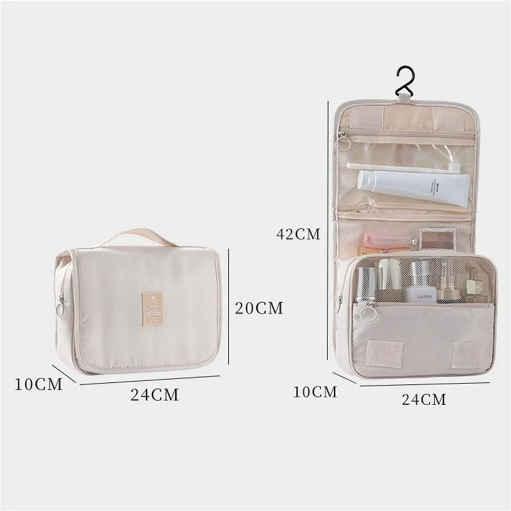 Large waterproof Blushimmer travel cosmetic bag with hanging hook, spacious bathroom storage for toiletries and makeup.