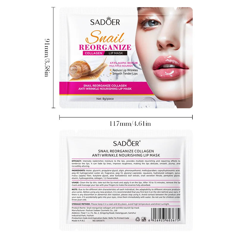 Ten SADOER snail crystal collagen lip masks by Blushimmer for nourishing, moisturizing, and plumping lips with anti-wrinkle benefits.