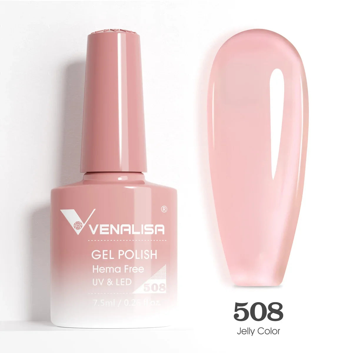 Blushimmer Venalisa HEMA TPO free nail gel polish with glitter, full coverage in pink nude, suitable for UV and LED French nails.