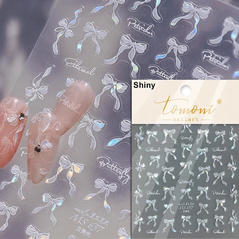 French leopard print bowknot lace ribbon rhinestone pearl manicure decal for nail art, simple white and black design by Blushimmer.