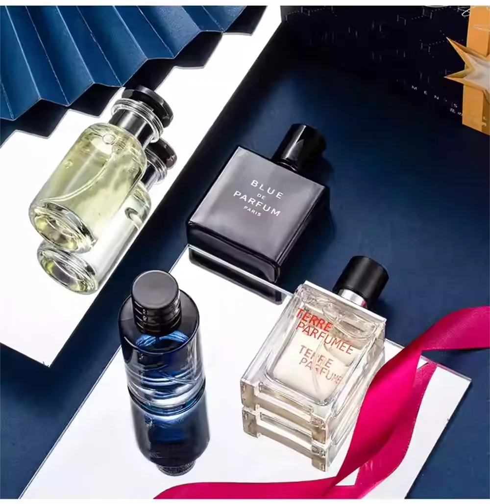 Blushimmer luxury men's perfume cologne gift set with four 100ml floral and fruity scent sprays in elegant packaging.