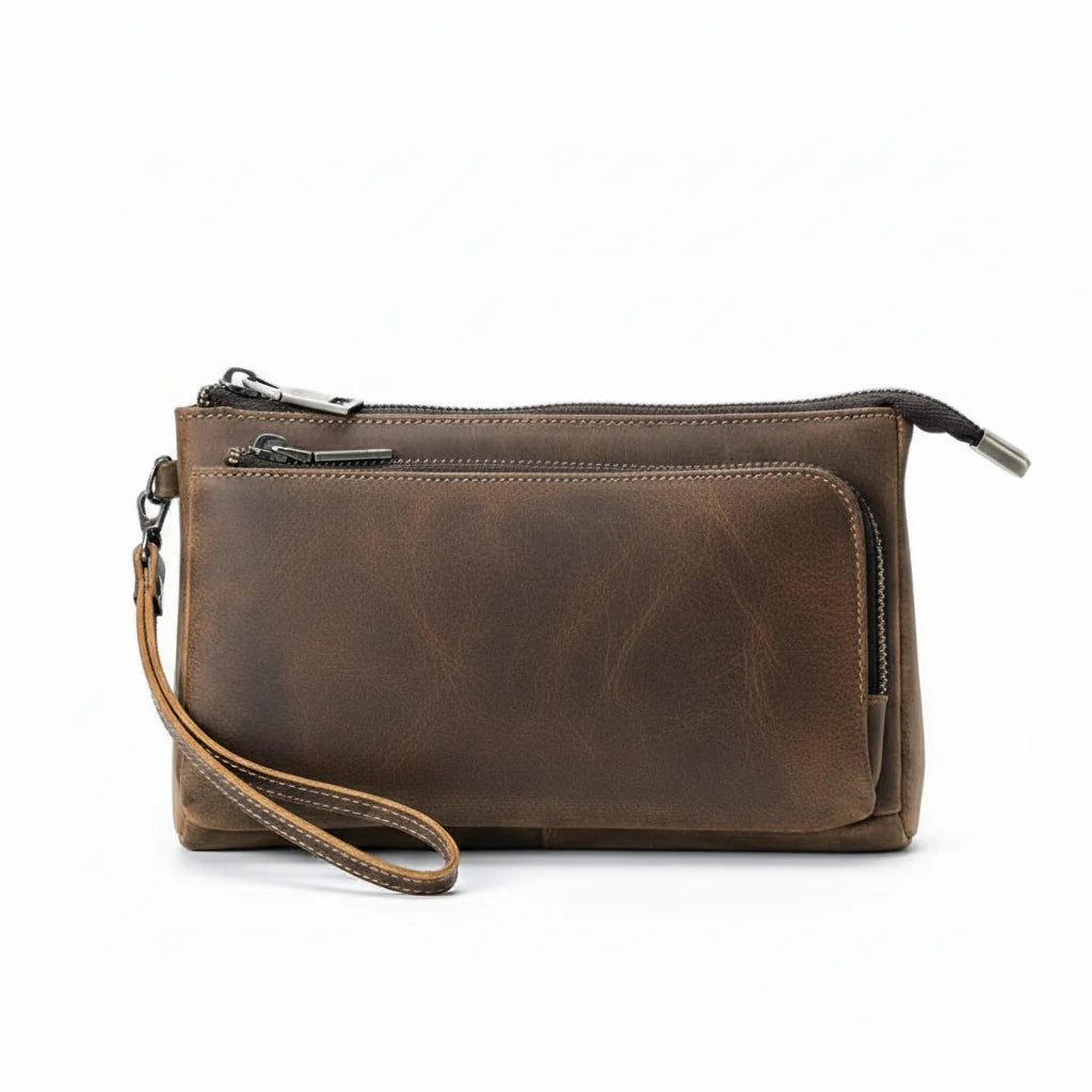 Genuine leather men's clutch bag and long wallet by NNEOBA, stylish accessory with multiple compartments, black color, and sleek design.