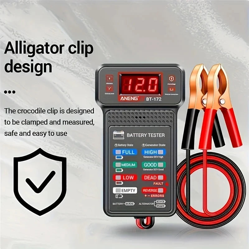 Smart car battery tester by BackupMyFilesNow.com showing digital display, testing car battery health and capacity for various vehicle models.