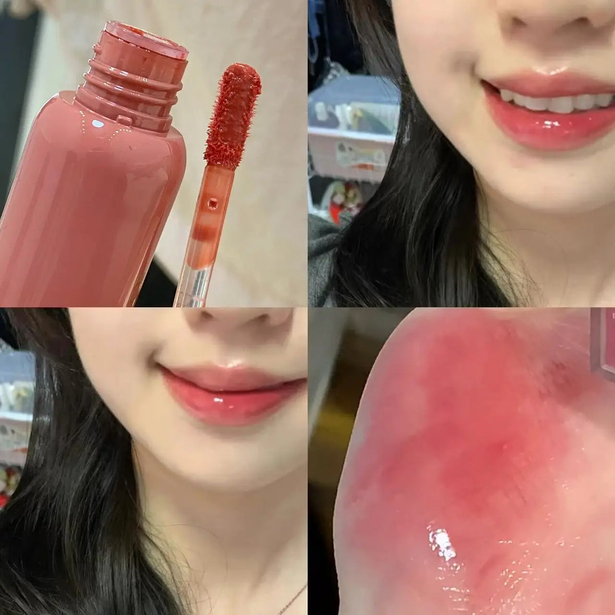 Blushimmer smoked grape purple red lip glaze reflects light, showcasing its moisturizing liquid lipstick and clear tint for Korean makeup.