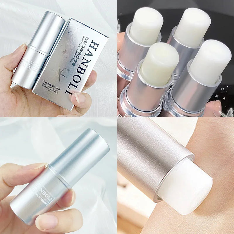 Blushimmer solid perfume for men and women, light, natural, fresh fragrance in a portable compact container.