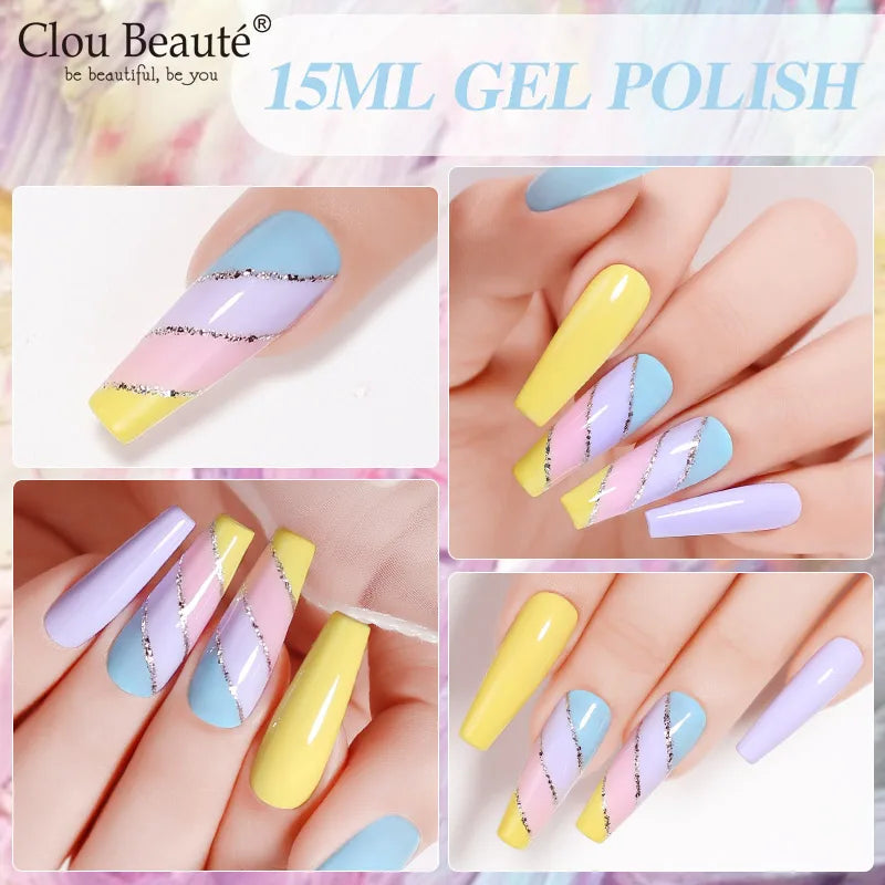 Blushimmer Clou Beaute 15ml semi-permanent gel nail polish with red, black, white, green, and neon colors, velvet top coat finish.