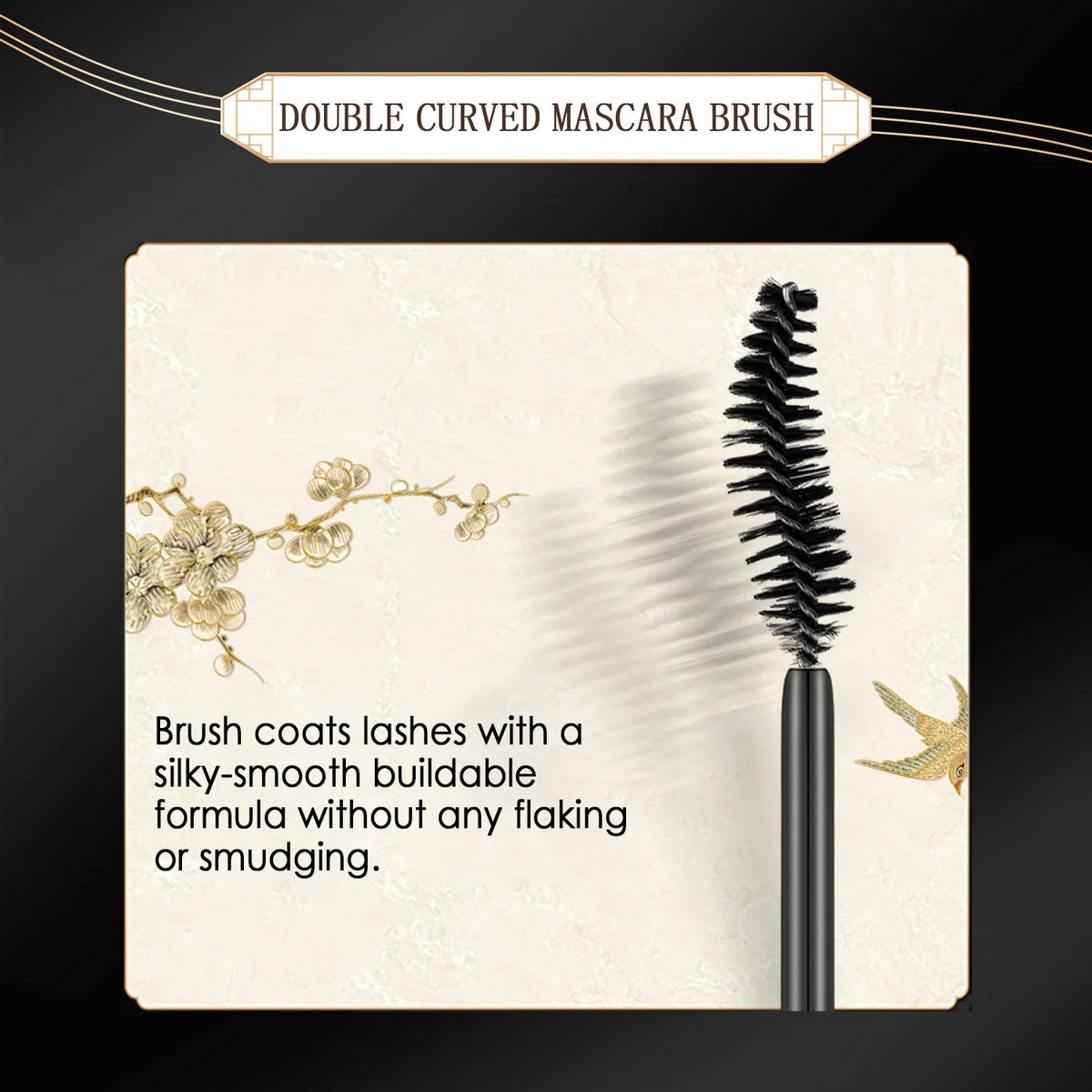 Blushimmer Catkin Waterproof Mascara in black, showing the brush wand and smooth mascara formula for volume and lengthening.