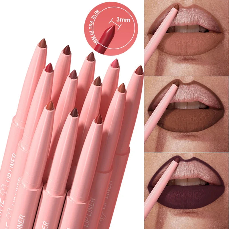 Blushimmer velvet matte lip liner pencil in soft nude and red shades, waterproof, plumping contour lip makeup with brown tint.