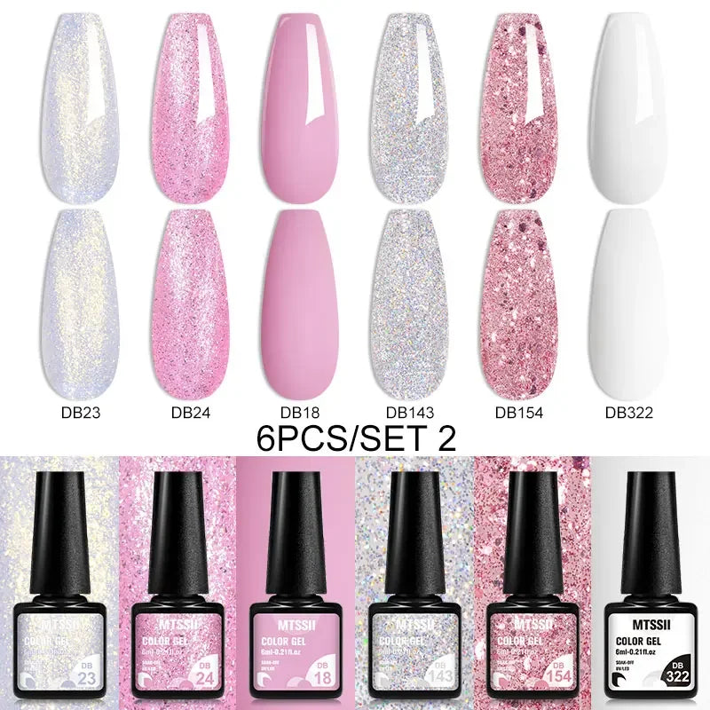 Blushimmer MTSSII 6-piece set of sparkly red gel nail polish bottles with shiny finish for gel nails and nail art.