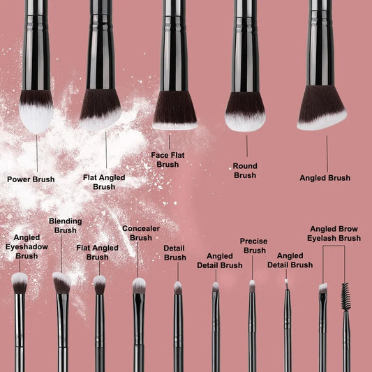 Set of 14 Blushimmer makeup brushes with soft, fluffy bristles for foundation, blush, eyeshadow, and blending in a cosmetics kit.