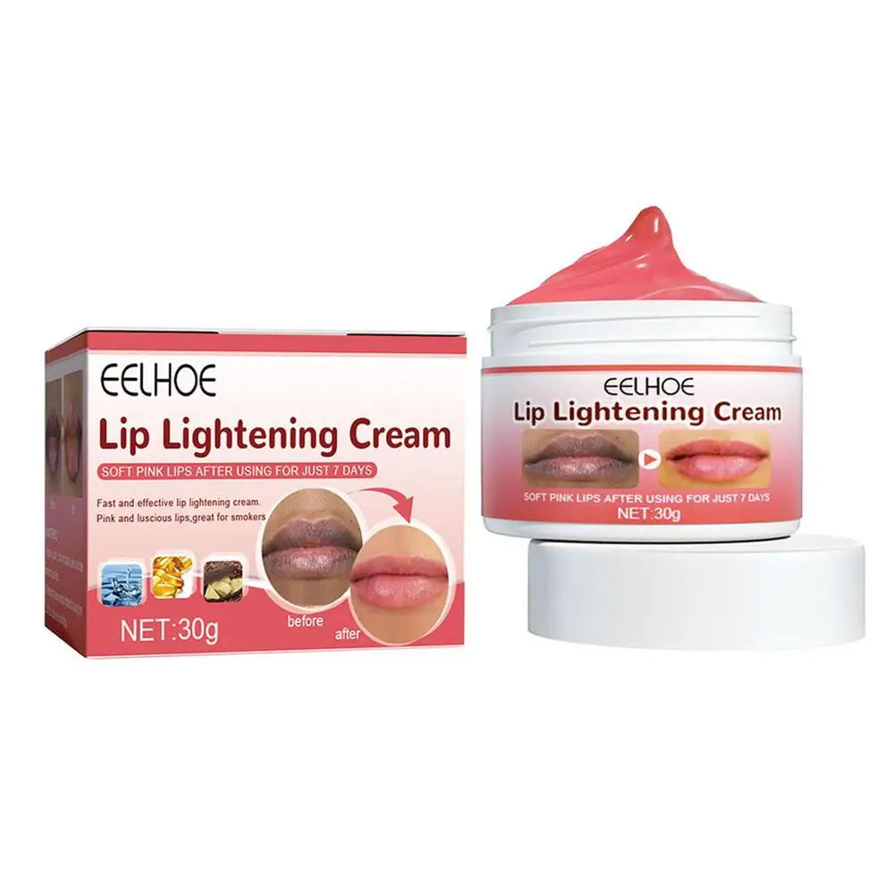 Blushimmer organic lip lightening balm in 30g container, soft pink lips with brighter, healthy appearance, dark lips before and after use