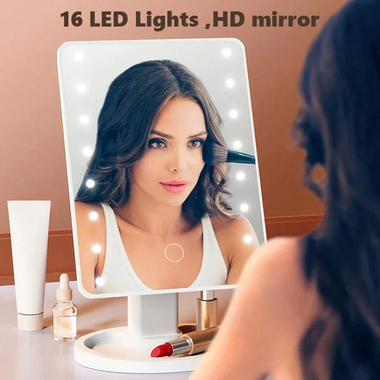 Blushimmer 16 LED light vanity mirror with storage base, 360° rotating, touch-sensitive, dimmable desktop makeup mirror.