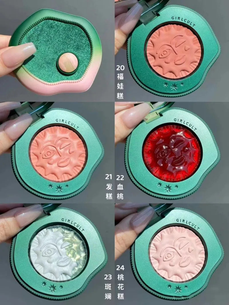 Girlcult Blushimmer emotional highlighter and matte blush pressed powder with fine shimmer for a cute, natural makeup look.