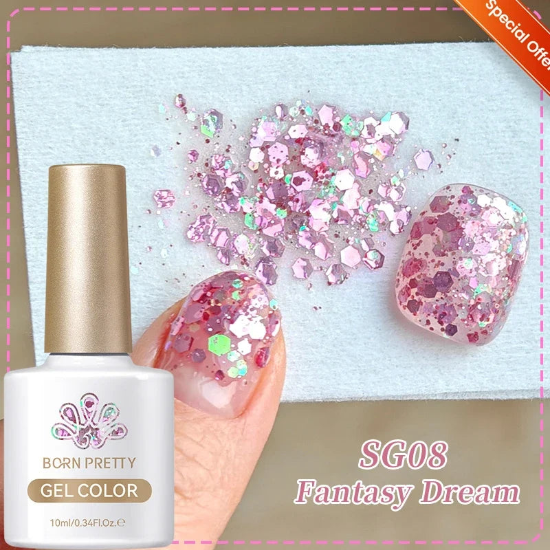 Born Pretty silver carat glitter gel nail polish with reflective sparkle, ultra-shine UV soak-off gel for nail art.