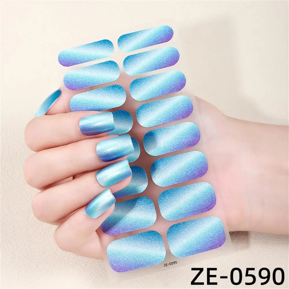Gradient cat eye style nail art stickers by Blushimmer, 16-piece waterproof glitter false nail decals with self-adhesive design.