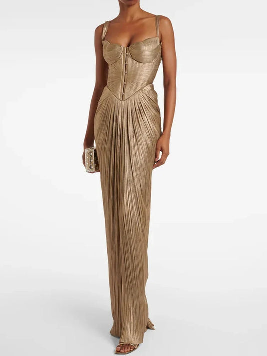 Antique gold low back lace-up party dress by Luxlife Brands, featuring elegant lace details and a fitted silhouette.